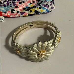 Brighton Matte Silver Tone and Rhinestone Daisy Hinged Cuff Bracelet